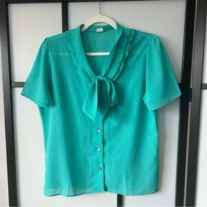 [Mp] Vintage Aquamarine Women’s Front Tie Bow 1940’s Style Button Down Blouse